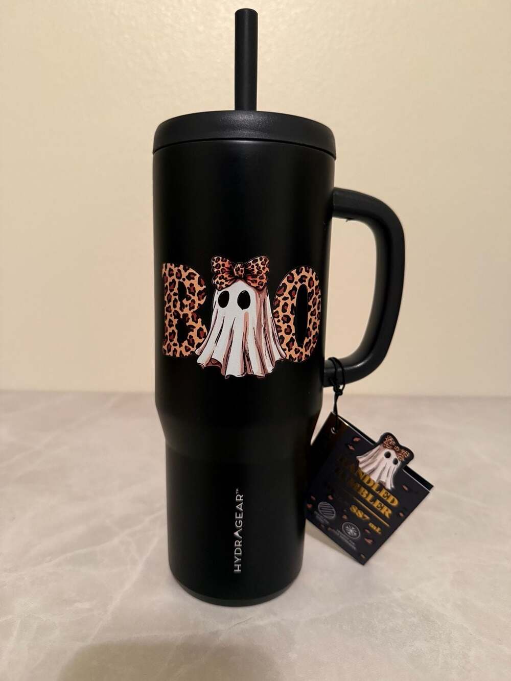 HYDRAGEAR Black 30 oz Handled Stainless Steel Tumbler with Ghost and Leopard Pri